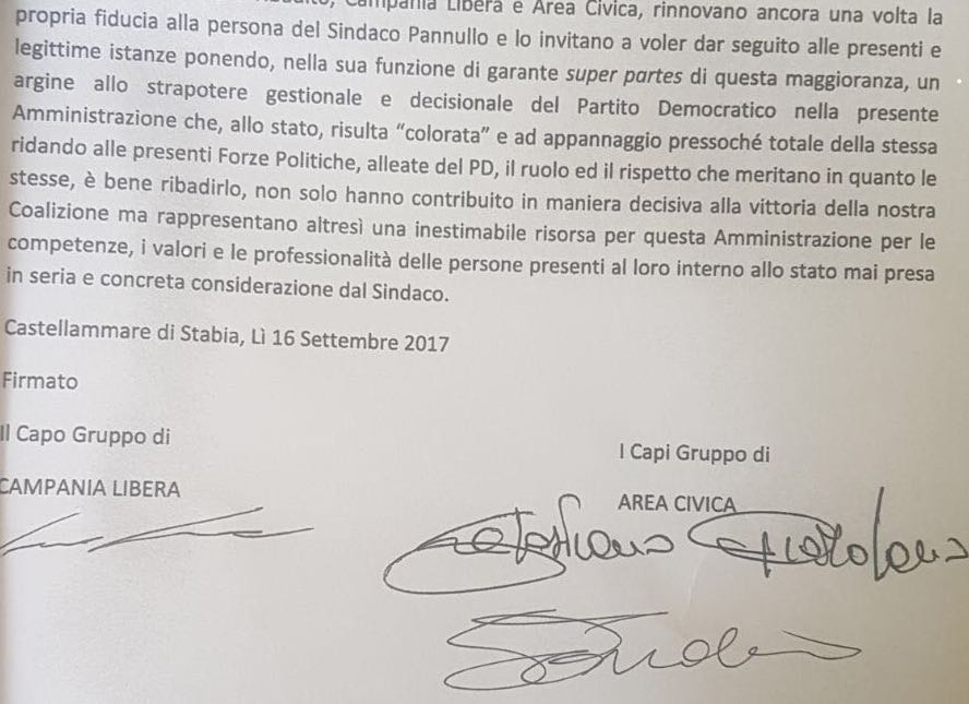 Castellammare, Area Civica e Campania Libera scrivono al Sindaco: ”Sia super partes e abbia rispetto per le altre forze. Cittadini scontenti”